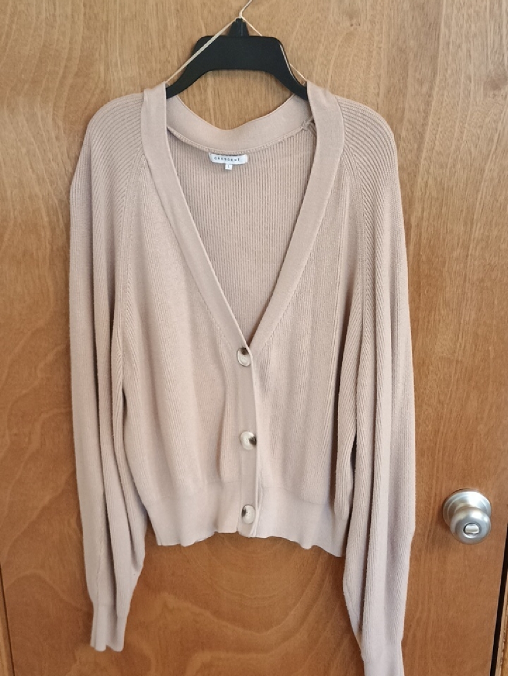 Crescent Beige V-Neck Button Ribbed Cardigan